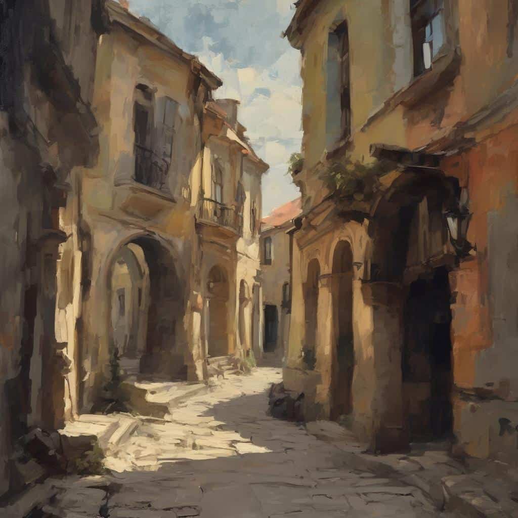 Λευκές γραμμές και σχήματα σε παραδοσιακή πλατεία με αρχαία κτήρια και στρωμένο δρόμο.