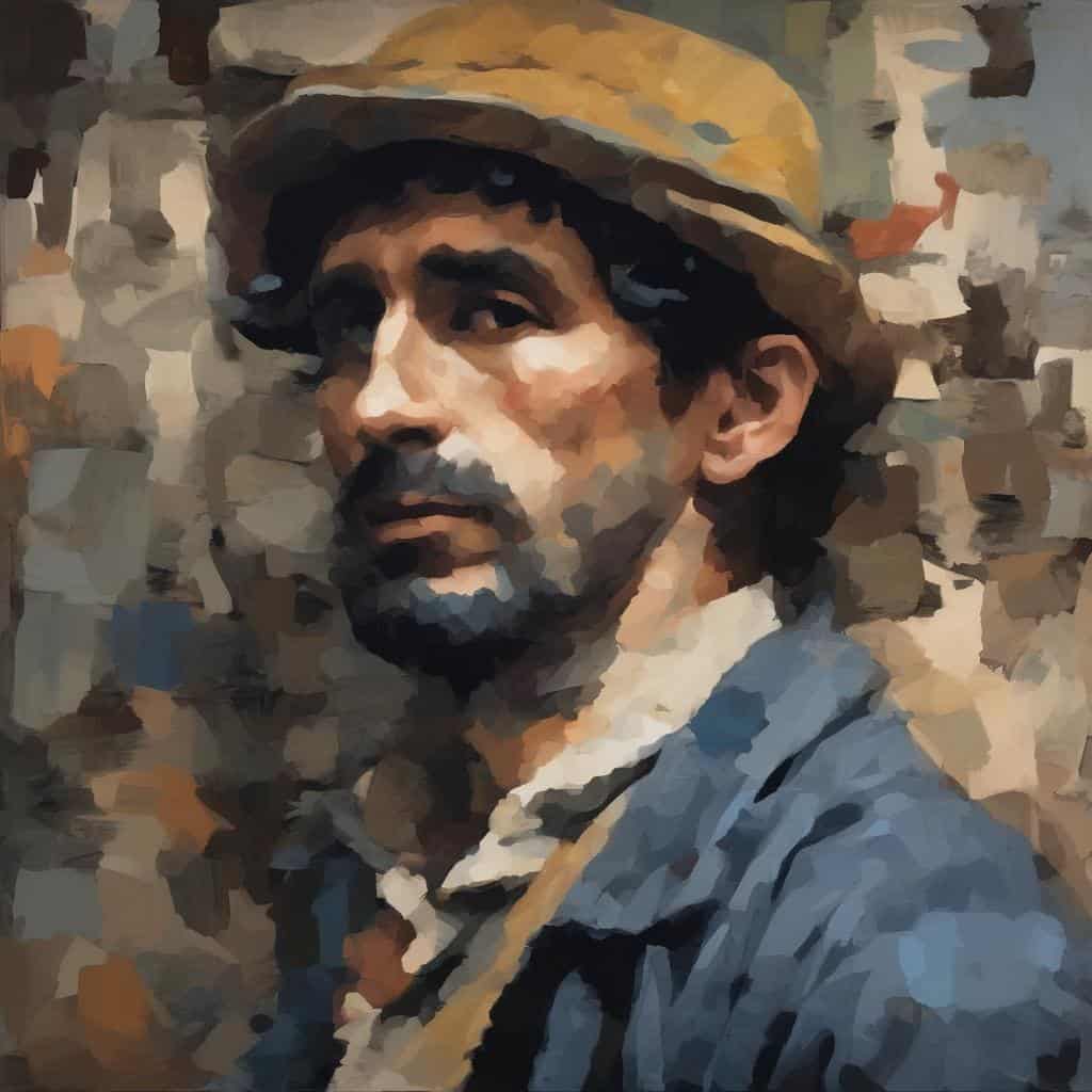 Ανθρώπινη πορτρέτο με γεωμετρικά στοιχεία και στυλ ζωγραφικής, εμπνευσμένο από την τέχνη της γεωμετρίας και την ιστορία του Gregorio Fernández.