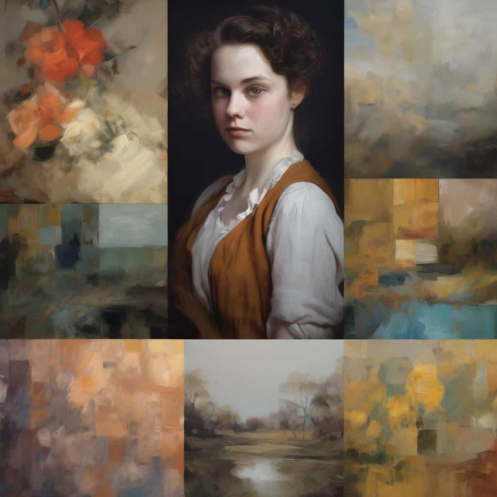 Ρομαντική πορτρέτο γυναίκας με Γεωμετρικά έργα τέχνης σε φόντο, δημιουργώντας αρμονική σύνθεση και εναλλαγή μορφών και χρωμάτων.