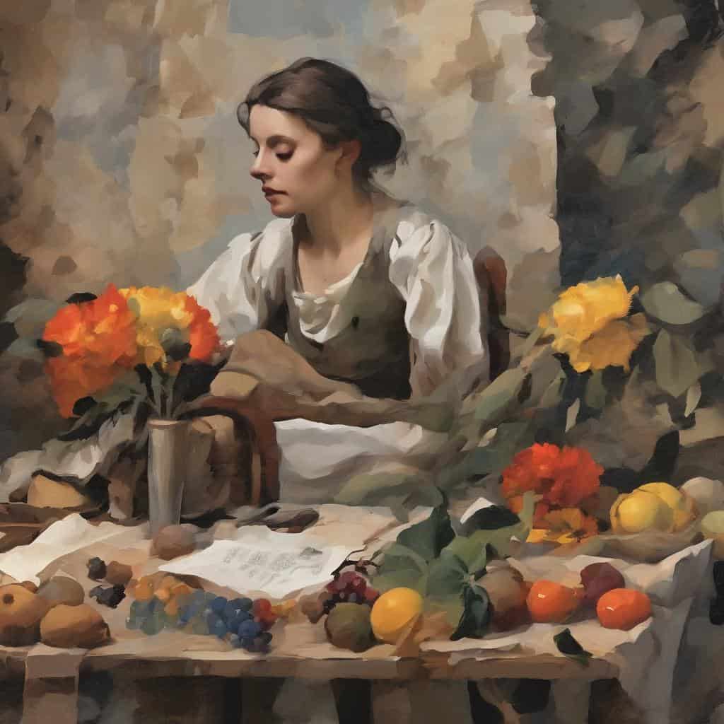 Φωτογραφία μιας νεαρής γυναίκας σε ρεαλιστικό σκίτσο, που κάθεται σε τραπέζι με λουλούδια και φρούτα, που αντικατοπτρίζει την τέχνη της γεωμετρίας και της δημιουργικότητας.