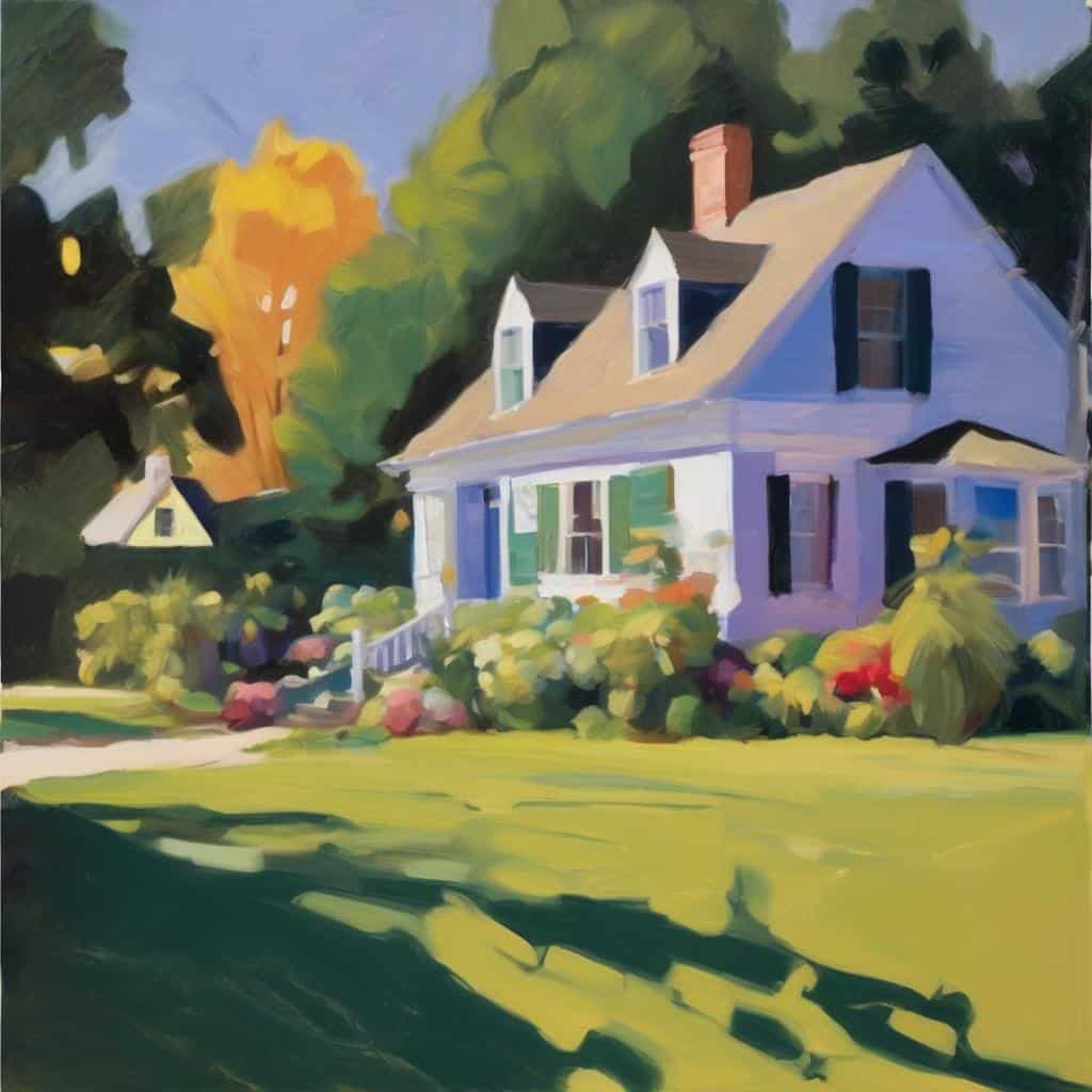 Ζωγραφική του σπιτιού με γεωμετρικά στοιχεία και ζωηρά χρώματα, εμπνευσμένη από την τέχνη της γεωμετρίας.