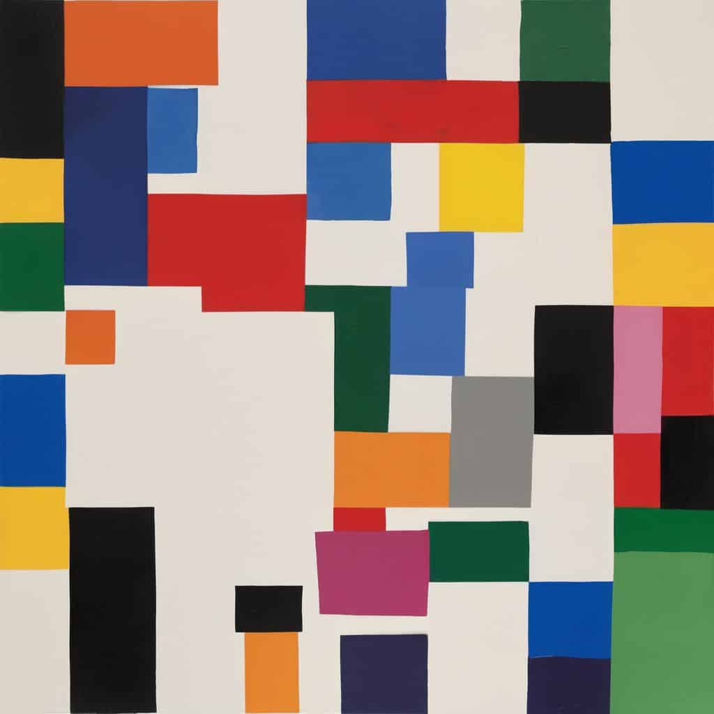 Πολύχρωμα γεωμετρικά σχήματα και ντόμινο σε αφηρημένο έργο τέχνης, εμπνευσμένο από την τέχνη της γεωμετρίας, με έντονα χρώματα και αριθμητικές φόρμες.