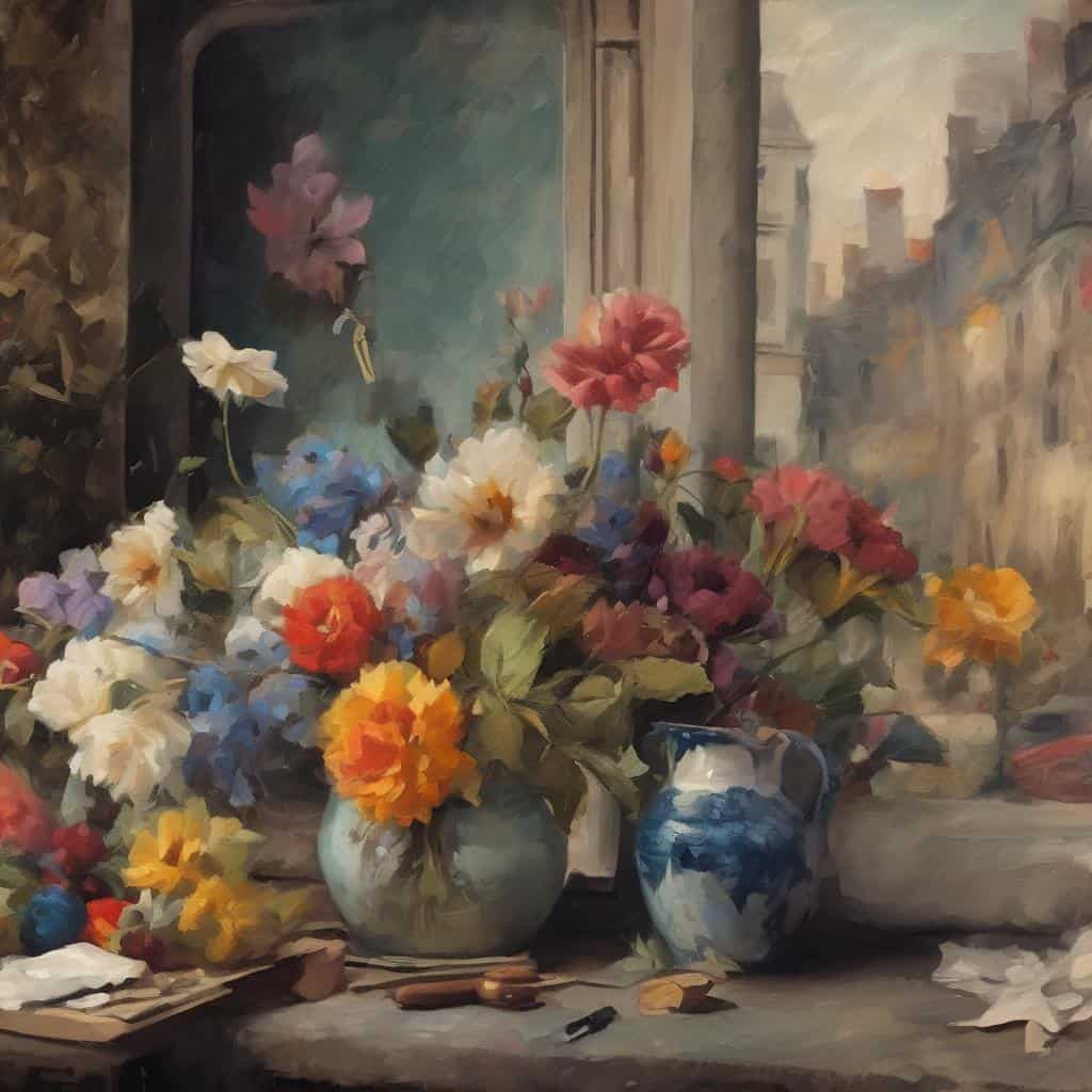 Ανθισμένα λουλούδια σε βάζα με γεωμετρικό στυλ, ζωγραφική με έμφαση στη γεωμετρία και την αρμονία των χρωμάτων.