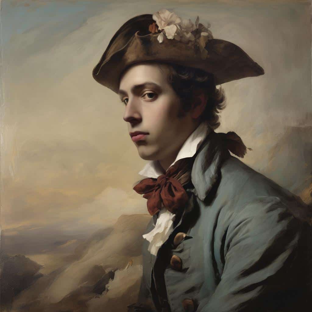 Πορτρέτο νεαρού άνδρα με καπέλο και ρούχα εποχής, αναδεικνύοντας την τέχνη της γεωμετρίας και της αρμονίας στη ζωγραφική.