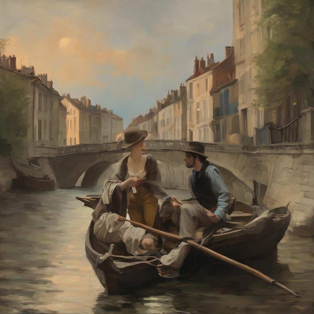 Άνθρωποι σε βάρκα σε κανάλι με αστικά κτίρια, ζωγραφική με έμφαση στη γεωμετρική δομή και τις γραμμές.