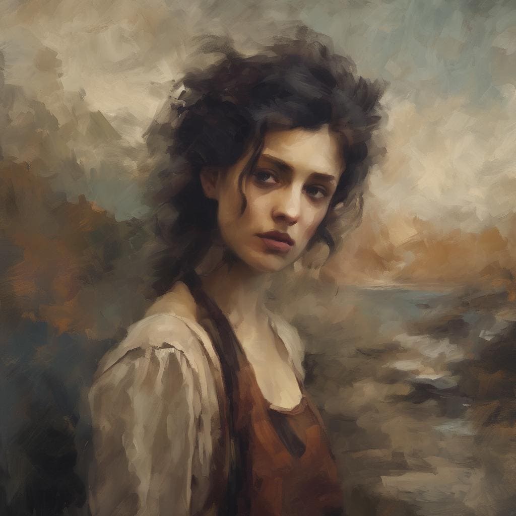 Λέιζερ γυναίκα με φθαρμένα μαλλιά και εκφραστικό πρόσωπο, ζωγραφισμένο σε ρεαλιστικό στυλ με όμορφα χρώματα.